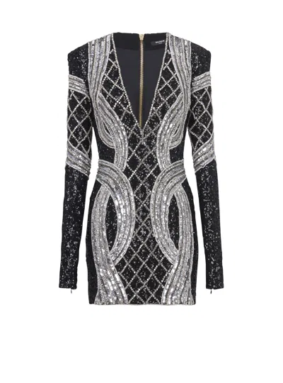 Balmain Short Silver Embroidered Dress In Multi