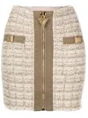 Balmain Button Embellished Front Zip Tweed Mini Skirt In Nude & Neutrals
