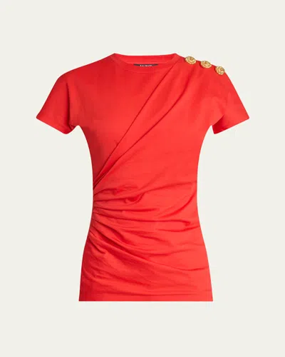 Balmain Short-sleeve 3-button Tee In Red