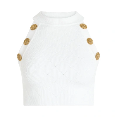 Balmain Short-sleeve 6 Button Knit Cropped Top In White