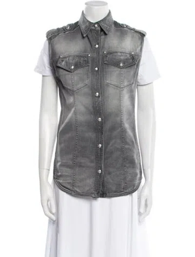Pre-owned Balmain Short Sleeve Button-up Top In Gray