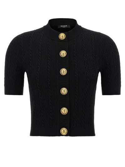 BALMAIN SHORT SLEEVE CARDIGAN SWEATERS AND CARDIGANS BLACK