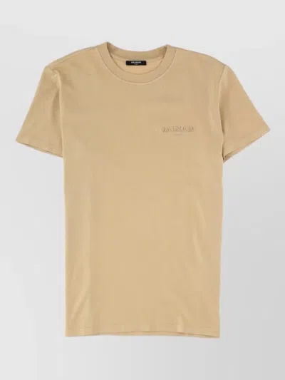 Balmain Short Sleeve Crew Neck Cotton Jersey Top In Neutral