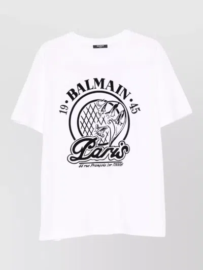 Balmain Short Sleeve Crew Neck Graphic Shirt In White