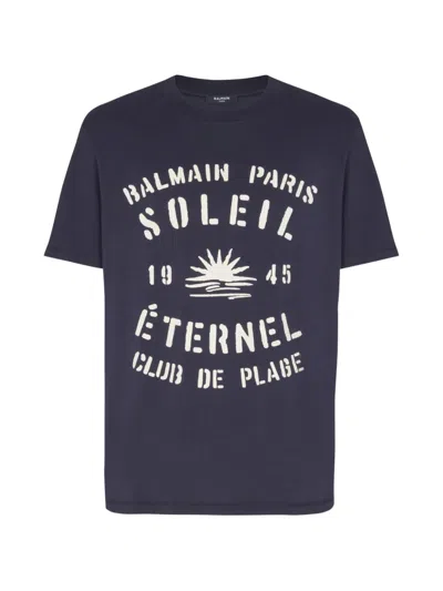 Balmain Crew Neck Graphic Print Short Sleeve T-shirt In Blue
