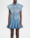 Balmain Blue Flared Denim Minidress In Lt Blue