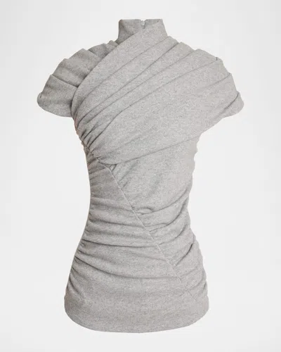 Balmain Short-sleeve Draped Wool-blend Top In Gray