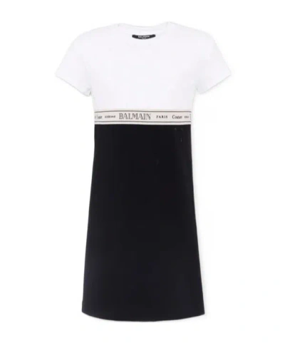 BALMAIN LOGO-TAPE COLOUR-BLOCK DRESS