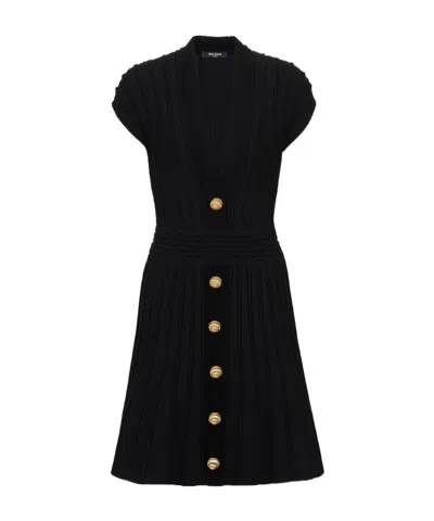 Balmain Buttoned Velvet V-neck Flared Mini Dress In Black