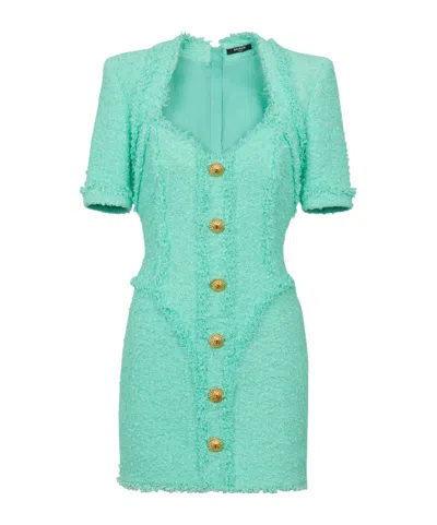 Balmain Button-embellished Tweed Minidress In 7cn Mint