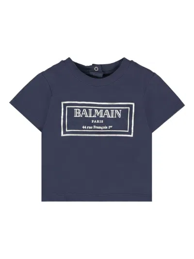 Balmain Babies' Short Sleeve Logo T-shirt In Blue