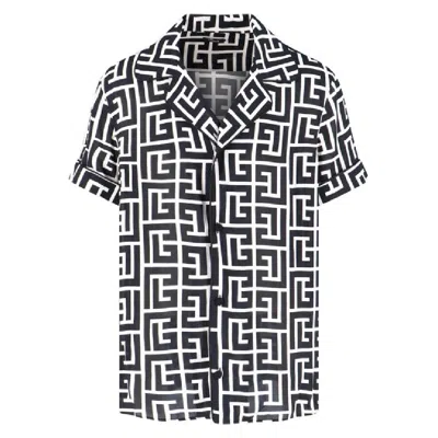 Balmain Monogram Printed Short-sleeved Shirt In Black