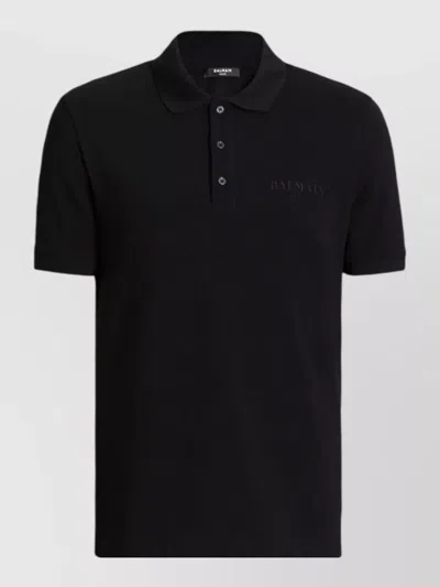 Balmain Short Sleeve Polo Collar Cotton Top In Black