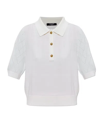 Balmain Pointelle-knit Polo Shirt In White