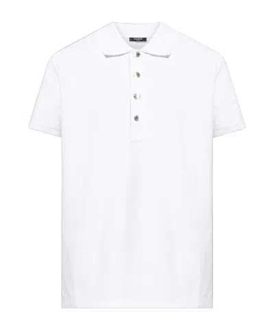 Balmain Monogrammed Textured Fabric Polo Shirt With Metal Buttons In White