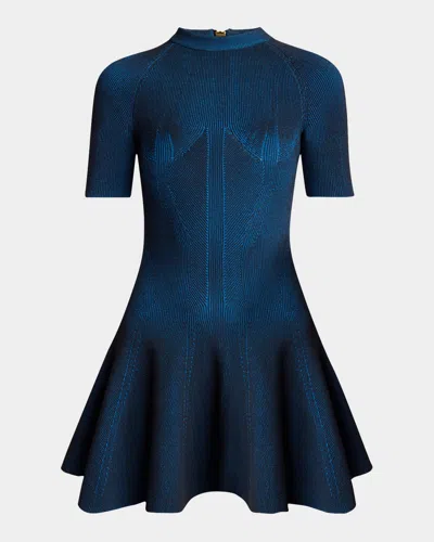 Balmain Short-sleeve Rib Knit Fit-&-flare Mini Dress In Navymulti
