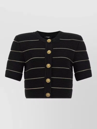 Balmain Short Sleeve Ribbed Striped Button Cardigan In Black