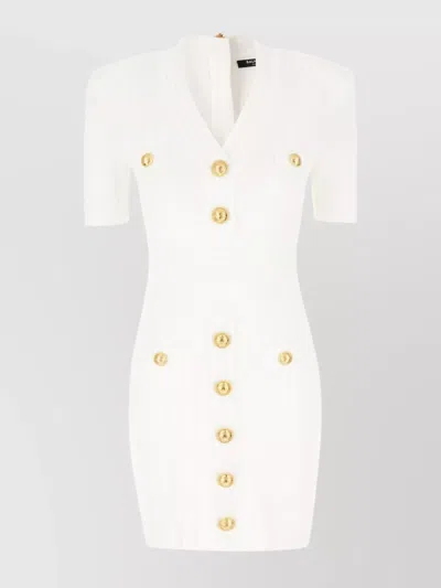 Balmain Short Sleeve Ribbed Texture V-neckline Dress