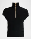 Balmain Short-sleeve Textured Wool Zip Top In Black