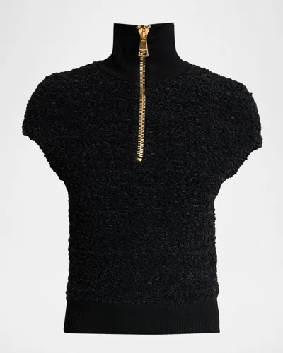 Balmain Short-sleeve Textured Wool Zip Top In Black