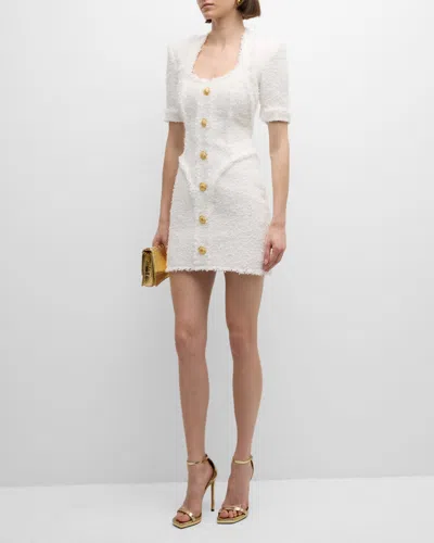 Balmain Short-sleeve Tweed Button-front Mini Dress In White
