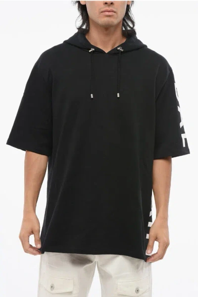 Balmain Short Sleeved Brushed Cotton Hoodie In Black