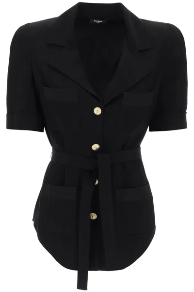 Balmain Belted Lapel Collar Shirt Pockets In Black
