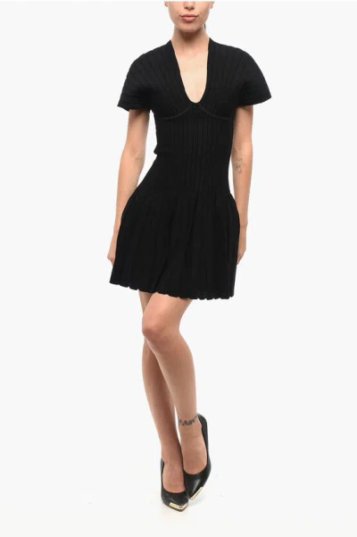 Balmain Short Sleeved Pleated Dress In Black