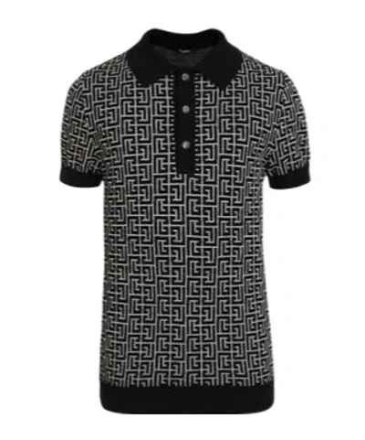 Balmain Wool And Linen Polo Shirt With Monogram Motif In Black