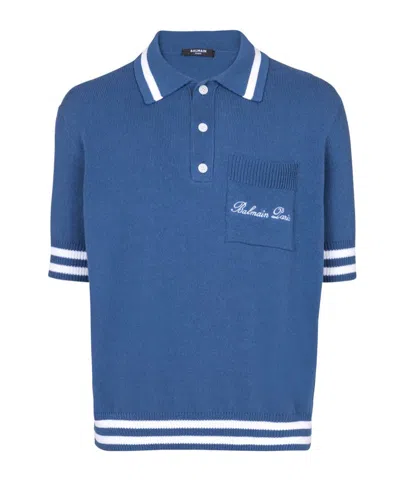 Balmain Signature Logo Embroidered Polo T-shirt In Blue