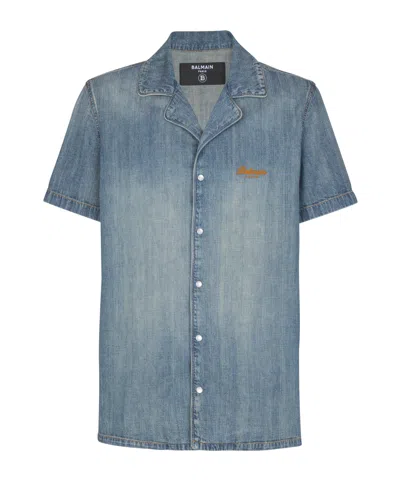 BALMAIN SHORT-SLEEVED PYJAMA SHIRT IN FADED DENIM