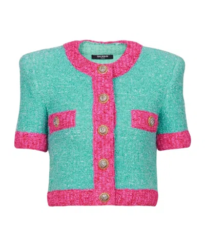Balmain Short-sleeved Sweater In Green/pink