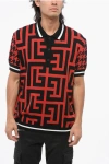 Balmain Short-sleeved Sweater With Polo Neck And All-over Monogram In Multi