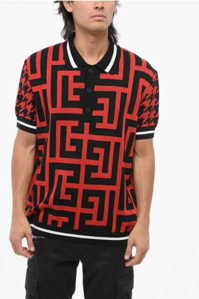 Balmain Short-sleeved Sweater With Polo Neck And All-over Monogram In Multi
