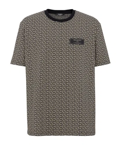 Balmain Men Jacquard T-shirt With Pb Labyrinth Monogram In Gray