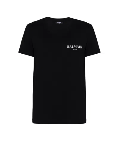 Balmain Black Crewneck T-shirt With Logo Print In Cotton Man