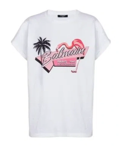Balmain Rosa Flamingo Cotton Jersey T-shirt In White