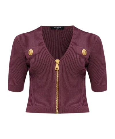 Balmain Short-sleeved Tops In Burgundy