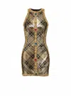 Balmain Short Sleeveless Dress With Plaid Embroidery In Gold