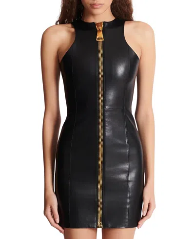 Balmain Short Sleeveless Lambskin Dress In Blue