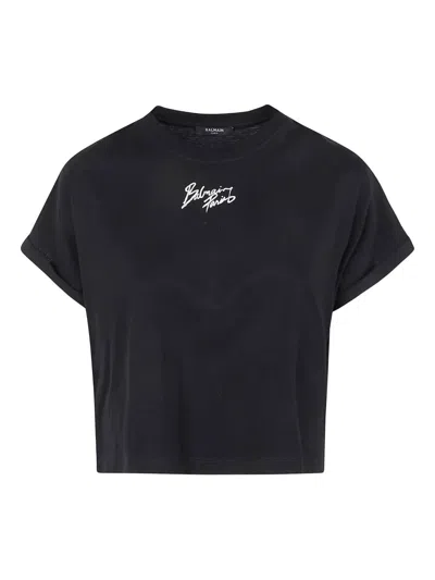 BALMAIN SHORT SLEEVES "BALMAIN PARIS" CROPPED T-SHIRT,GF1EE005BD40 EAB BLACK WHITE