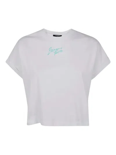BALMAIN SHORT SLEEVES "BALMAIN PARIS" CROPPED T-SHIRT,GF1EE005BD40 GXF WHITE LIGHT GREEN