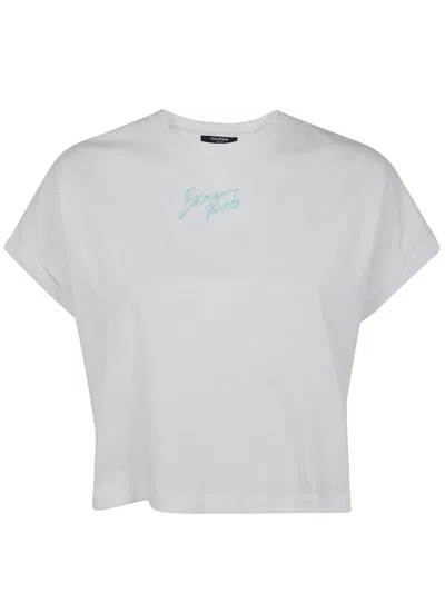 Balmain Paris Logo Cropped Crew Neck T Shirt In White