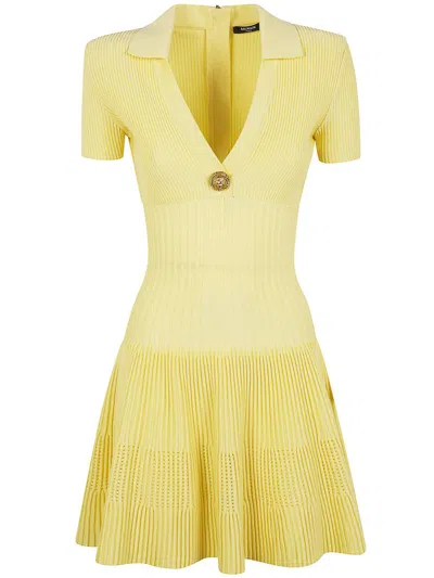 Balmain Short Flared Knit Dress In Yellow