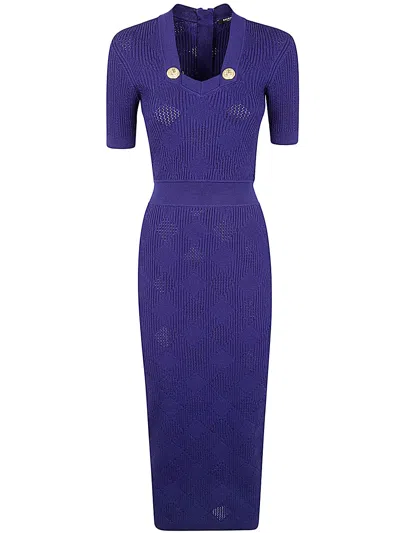 Balmain Short Sleeves Open Neck Vichy Midi Long Dress In Purple