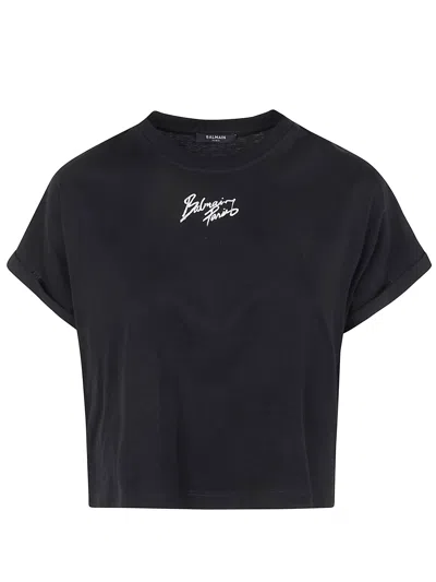 Balmain Short Sleeves " Paris" Cropped T-shirt In Black