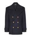 Balmain Merino Wool-blend Stripe Pea Coat In Blue