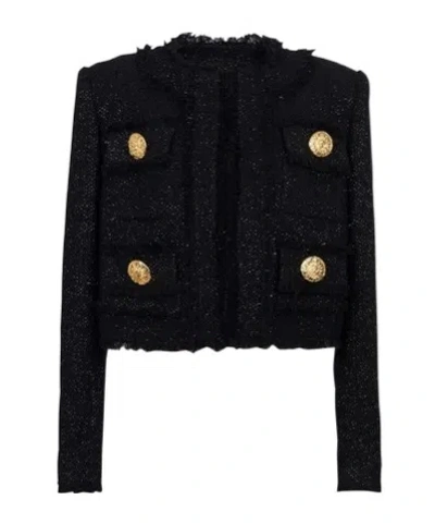 Balmain Cropped Button-embellished Frayed Metallic Tweed Blazer In Black