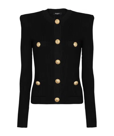Balmain Ribbed Texture Knit Cardigan With Gold Buttons In Black