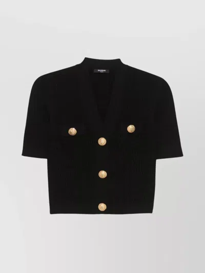 BALMAIN SHORT V-NECK CARDIGAN GOLD BUTTONS